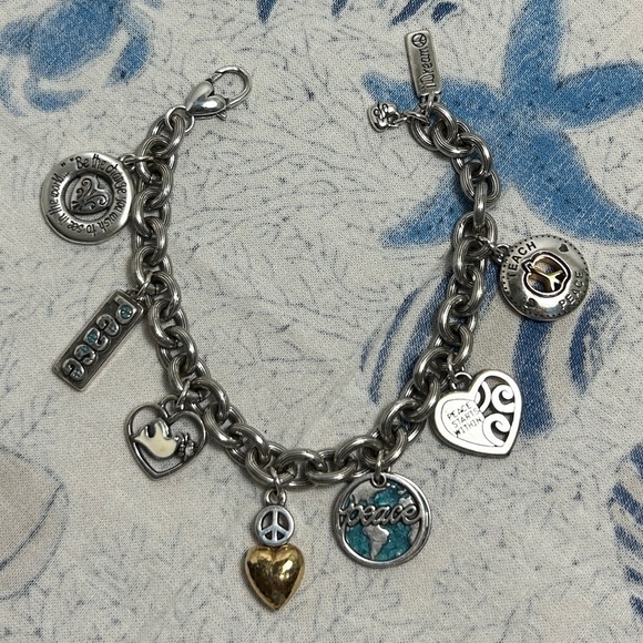Brighton World Peace Charm Bracelet Retired Silver Plated Chunky Oval Link Chain - Picture 11 of 12